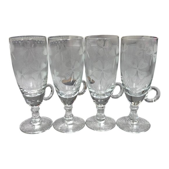 Etched Glass Irish Coffee Mugs Four Leaf Clover Design Finger Handle Set Of 4 - Picture 3 of 8